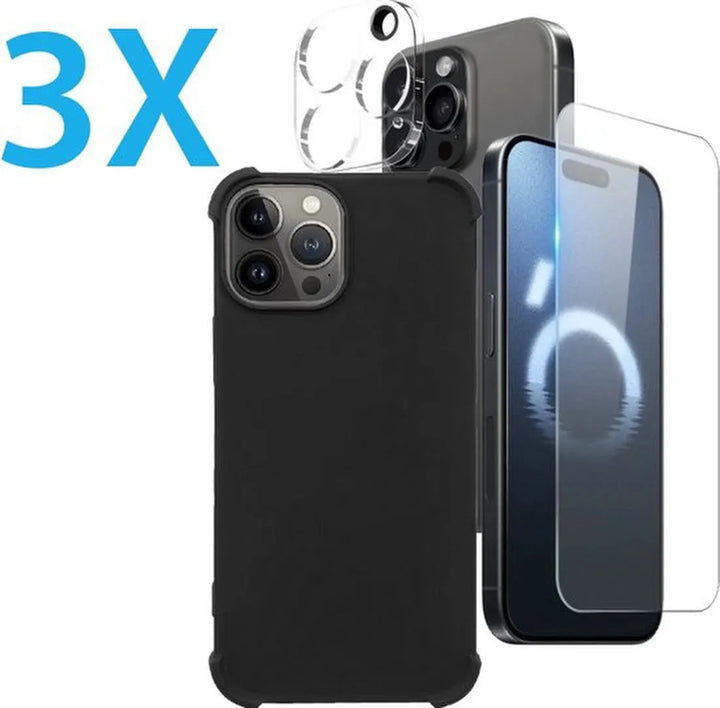 iPhone 16 Pro Max Hoesjes – Schokbestendige Siliconen Backcover – 3x Screenprotector Gehard Glas – 3x Camera Lens Protector – Zwart-Ilumina Benelux