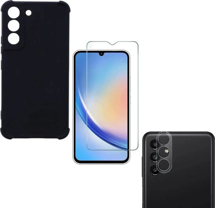 Samsung Galaxy A14 4G Hoesjes – Anti-Shock Siliconen Backcover – Incl. Screenprotector Gehard Glas + Camera Lens Protector – Zwart-Ilumina Benelux