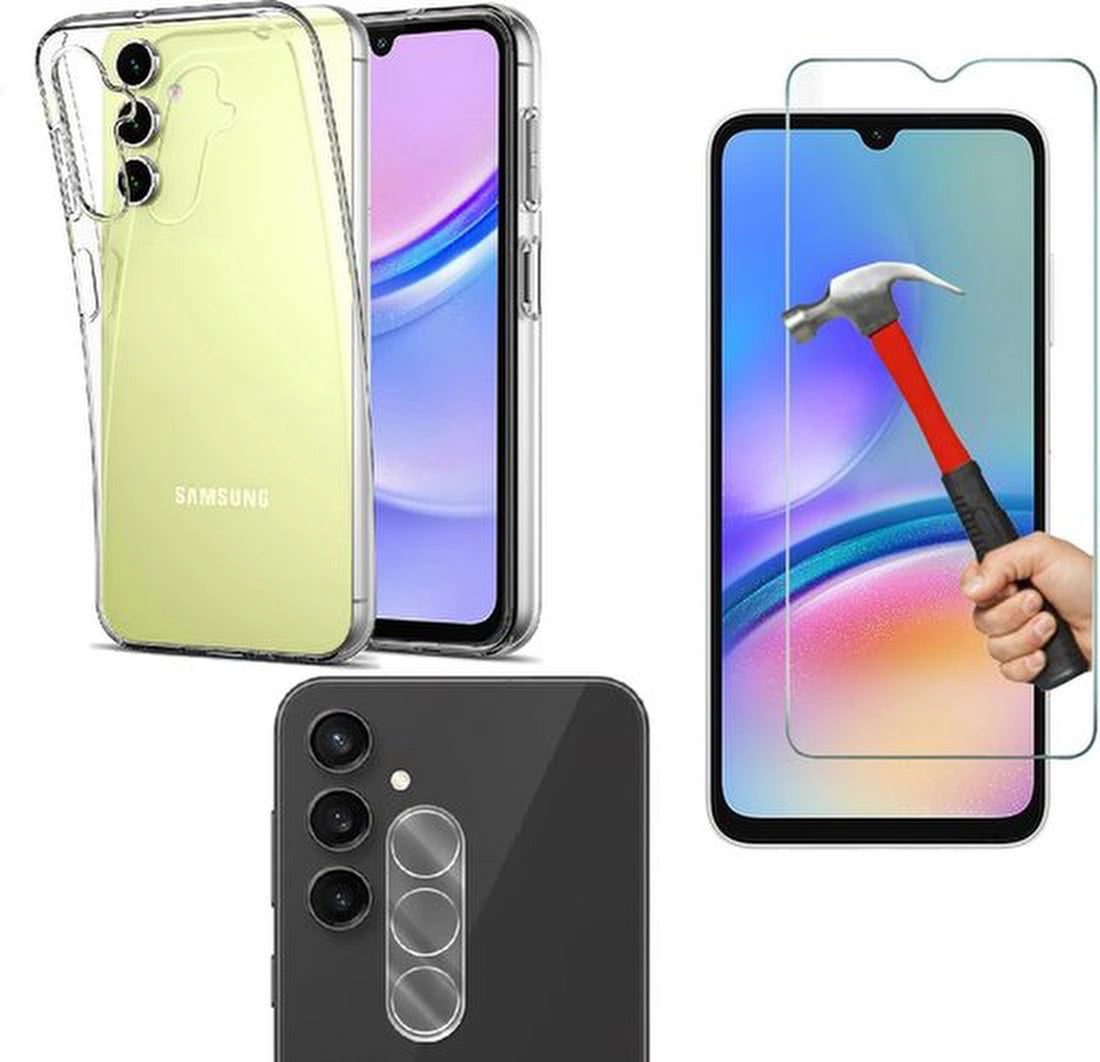 Samsung Galaxy A25 Hoesjes – Transparante Siliconen Backcover – Screenprotector Gehard Glas – Camera Lens Protector – Transparant