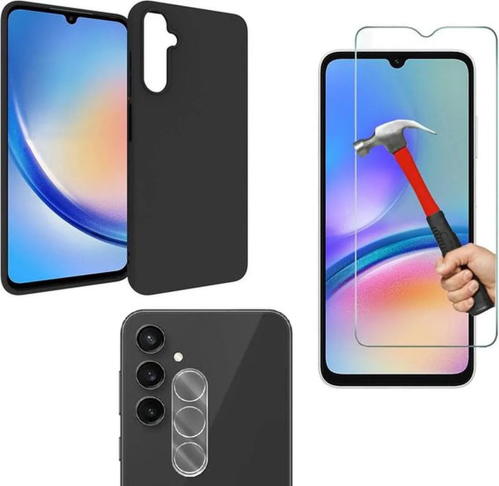 Samsung Galaxy A25 Hoesjes – Siliconen Backcover – Screenprotector Gehard Glas + Camera Lens Protector – Zwart-Ilumina Benelux