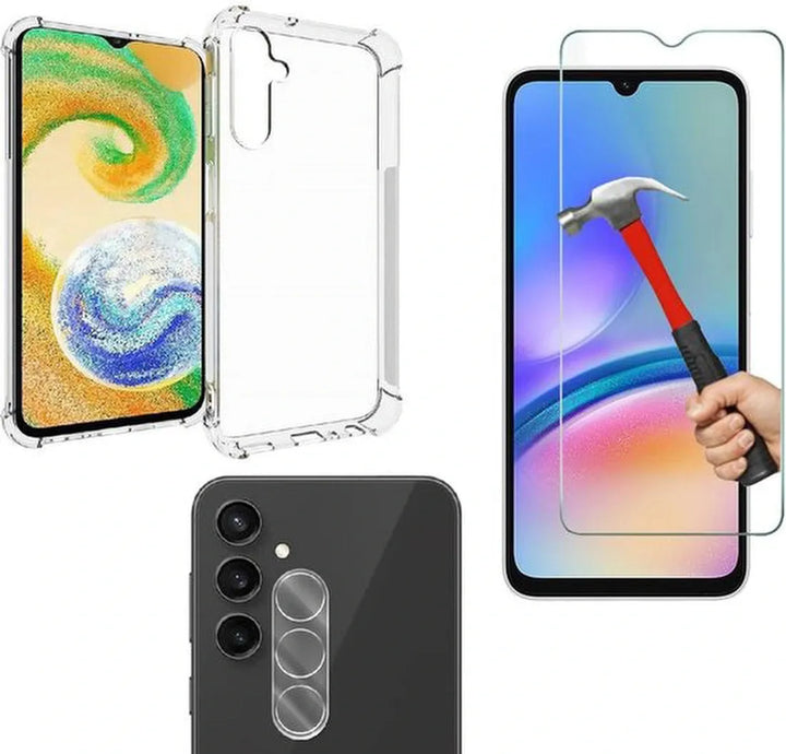 Samsung Galaxy A25 Hoesjes – Transparante Siliconen Backcover – Schokbestendig – Screenprotector Gehard Glas + Camera Lens Protector-Ilumina Benelux