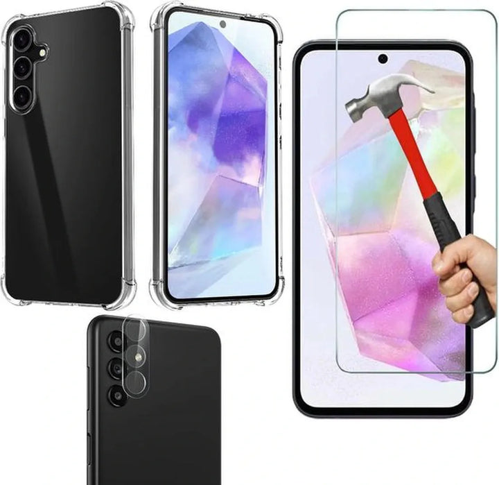 Samsung Galaxy A35 Hoesjes – Anti-shock Siliconen Backcover – Transparant – Screenprotector Gehard Glas + Camera Lens Protector Set-Ilumina Benelux