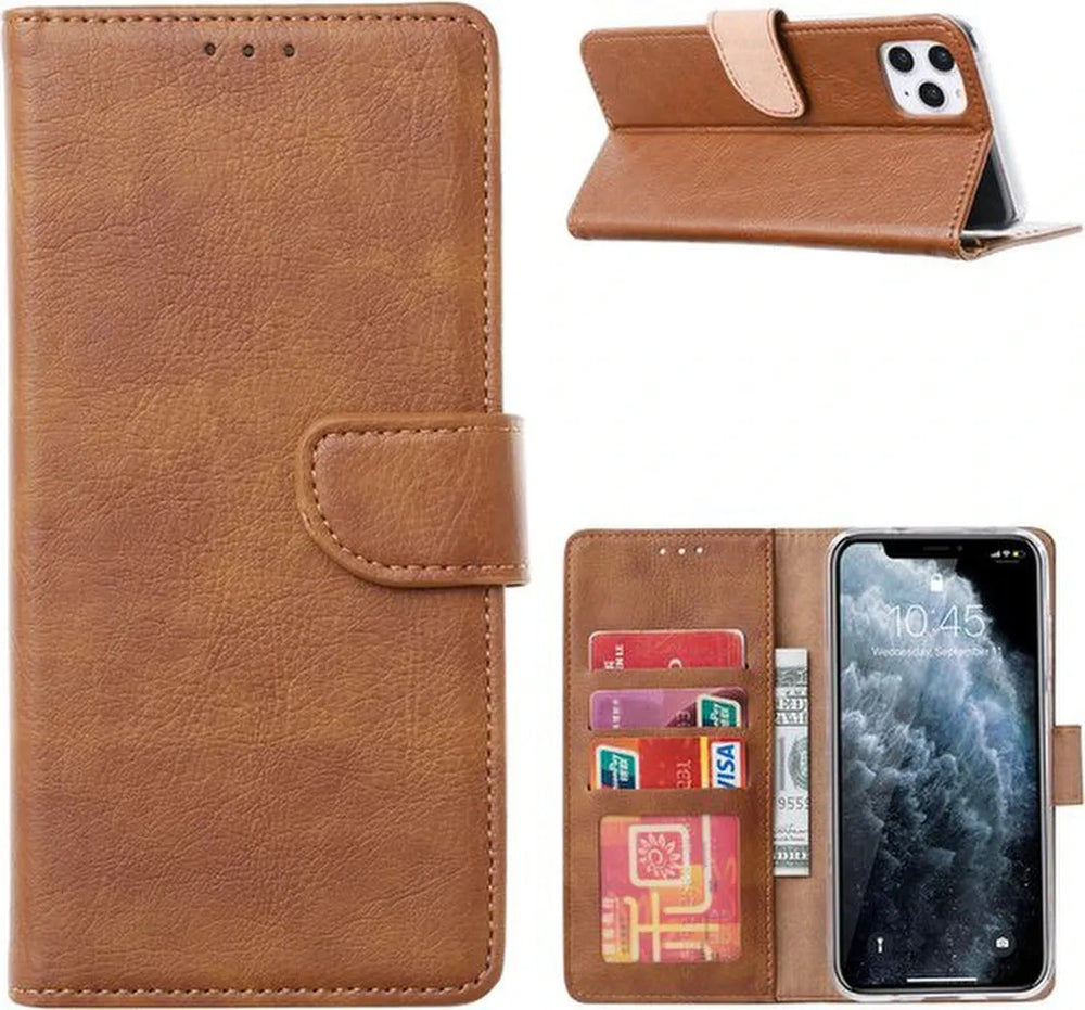 iPhone 14 Hoesjes – Portemonnee Bookcase – Pasjeshouder – 1x Screenprotector Gehard Glas – Lichtbruin-Ilumina Benelux