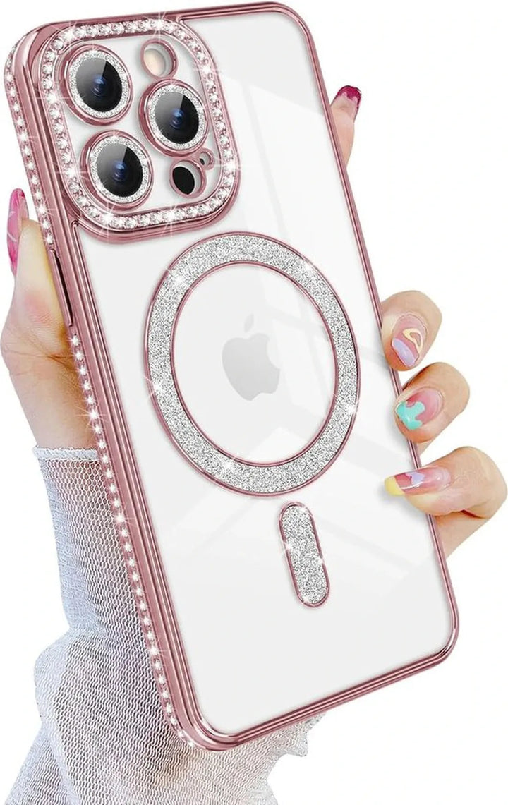 iPhone 16 Pro Hoesjes – Glitter Backcover – Schokbestendig – MagSafe – Roségoud-Ilumina Benelux