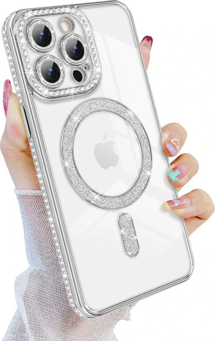 iPhone 16 Hoesjes – Glitter Backcover – Schokbestendig – MagSafe Compatibel – Zilver-Ilumina Benelux