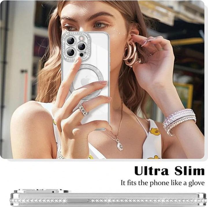 iPhone 16 Hoesjes – Glitter Backcover – Schokbestendig – MagSafe Compatibel – Zilver-Ilumina Benelux