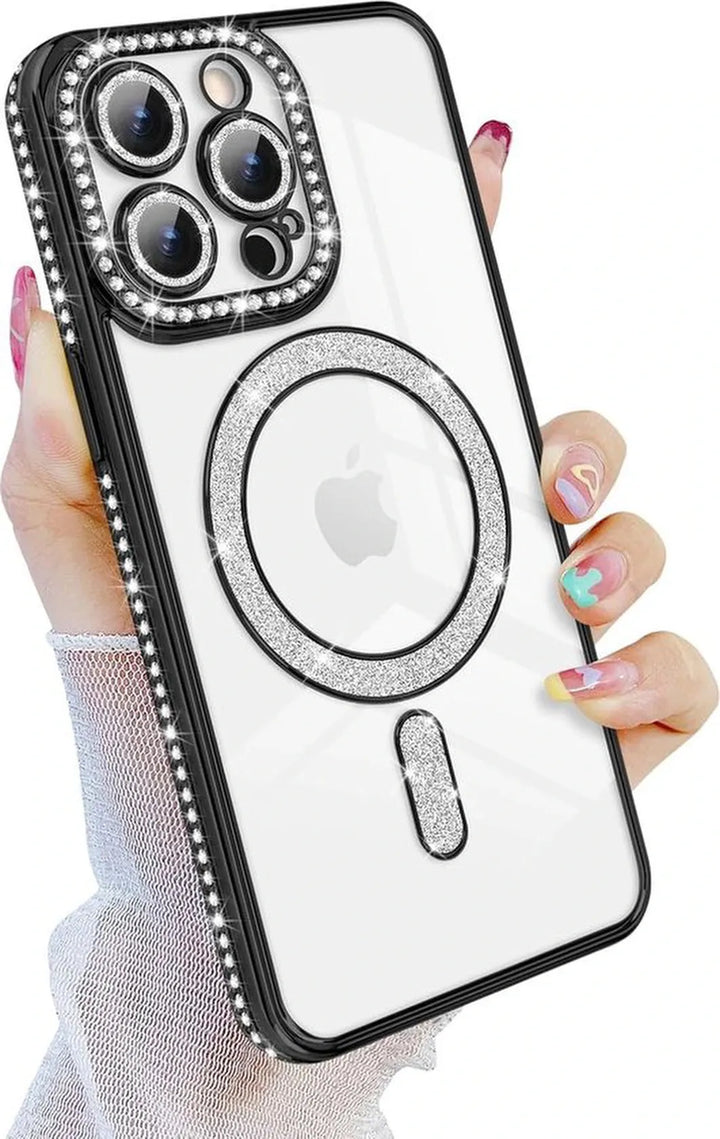 iPhone 14 Pro Hoesjes – MagSafe Magnetisch – Glitter Backcover – Schokbestendig – Zwart-Ilumina Benelux