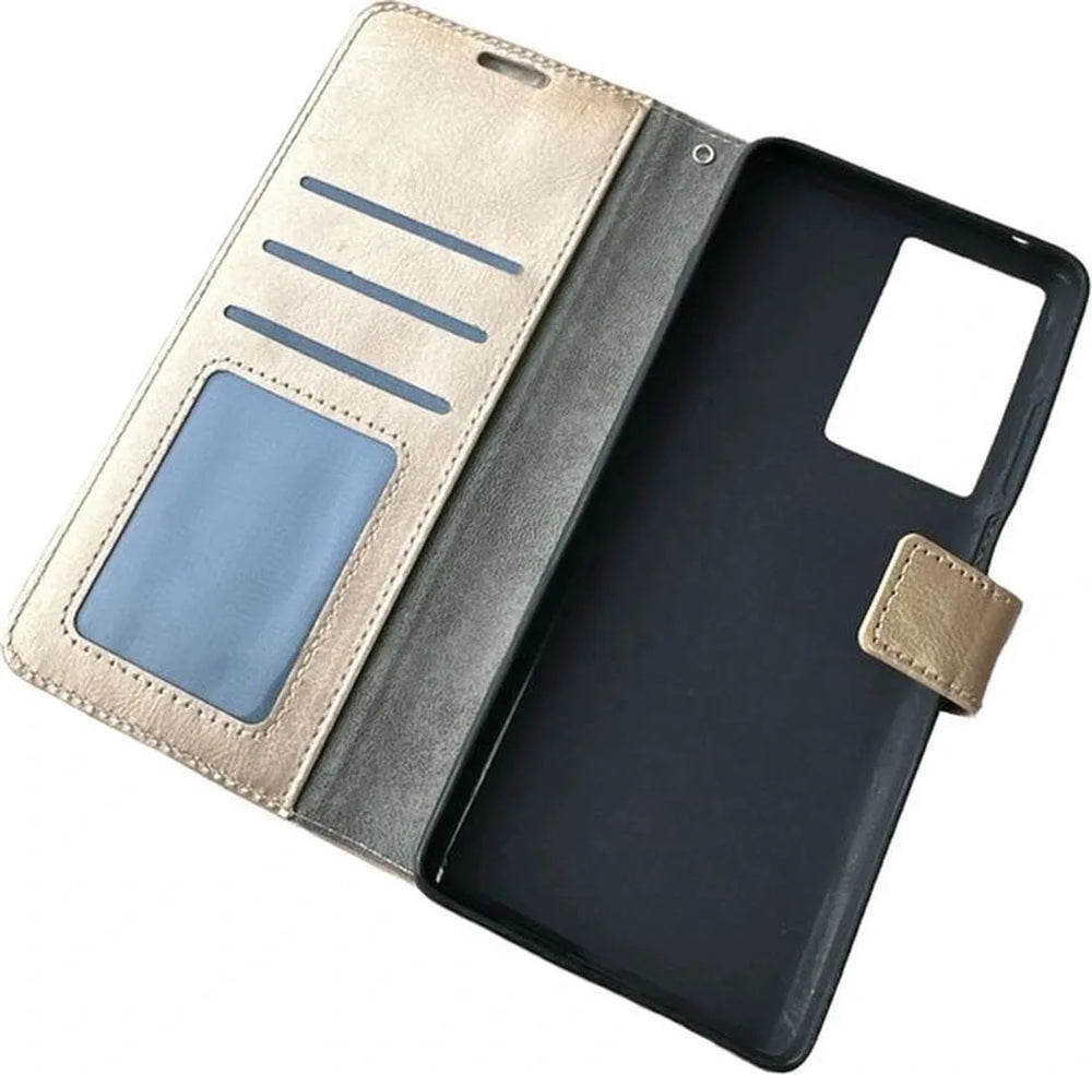 Oppo A79 5G Hoesjes – Bookcase Portemonnee Cover – Pasjeshouder – Magneetsluiting – Goud + Screenprotector-Ilumina Benelux