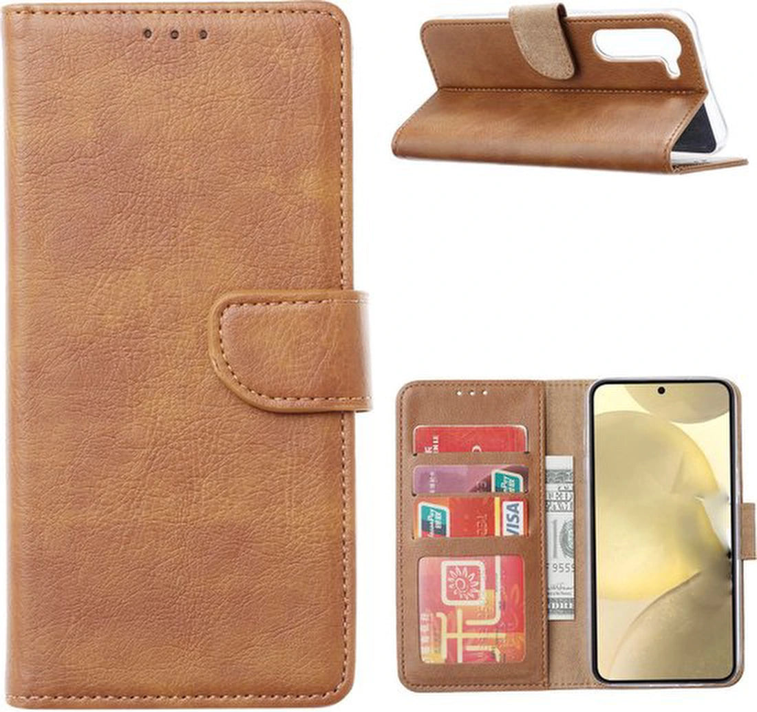 Samsung Galaxy S24 FE/S25 FE Hoesjes – Portemonnee Bookcase – Magneetsluiting – 2x Screenprotector – Lichtbruin