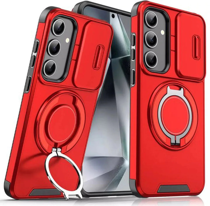 Samsung Galaxy A55 Hoesjes – Armor Tough Hybrid Backcover – MagSafe Ringstandaard – Schokbestendig – Rood-Ilumina Benelux