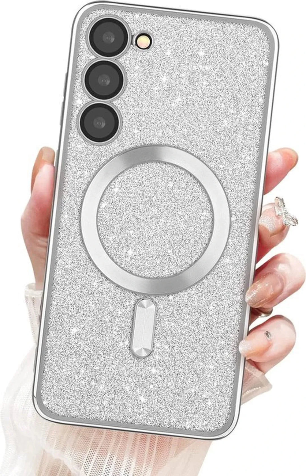 Samsung Galaxy S24 Hoesjes – MagSafe Compatibel – Zachte TPU Backcover – Glitter Sequin – Zilver-Ilumina Benelux