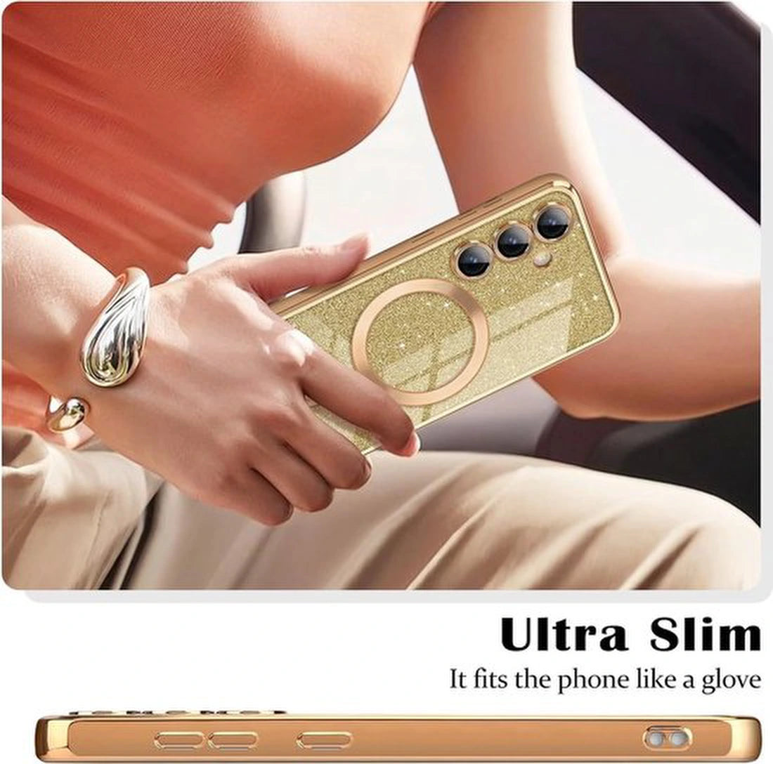 Samsung Galaxy S23 Hoesjes – Glitter Sequin TPU Backcover – MagSafe Compatibel – Zacht – Goud