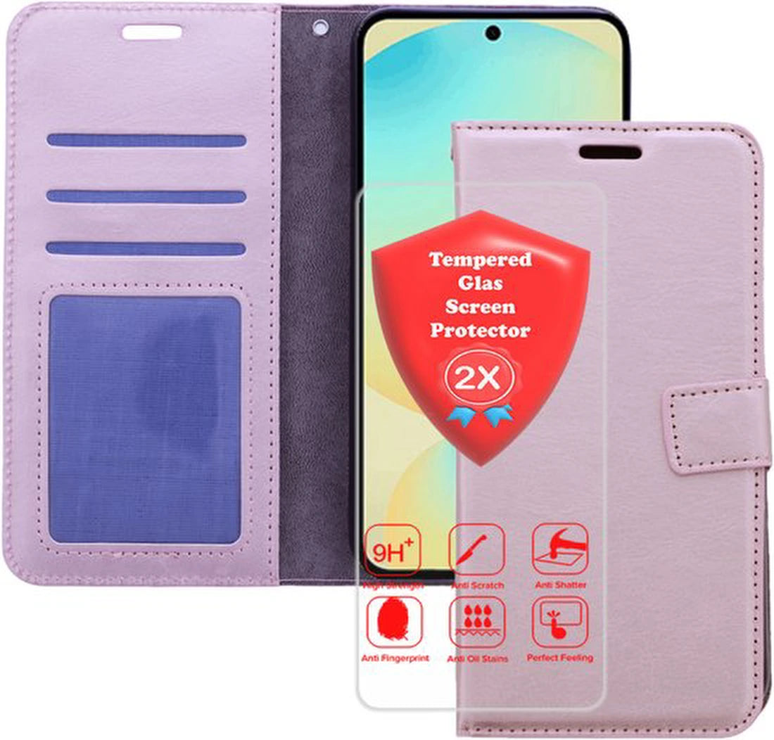 Samsung Galaxy A17 5G Hoesjes – Portemonnee Bookcase – Magneetsluiting – 2x Gehard Glas Screenprotector – Roségoud