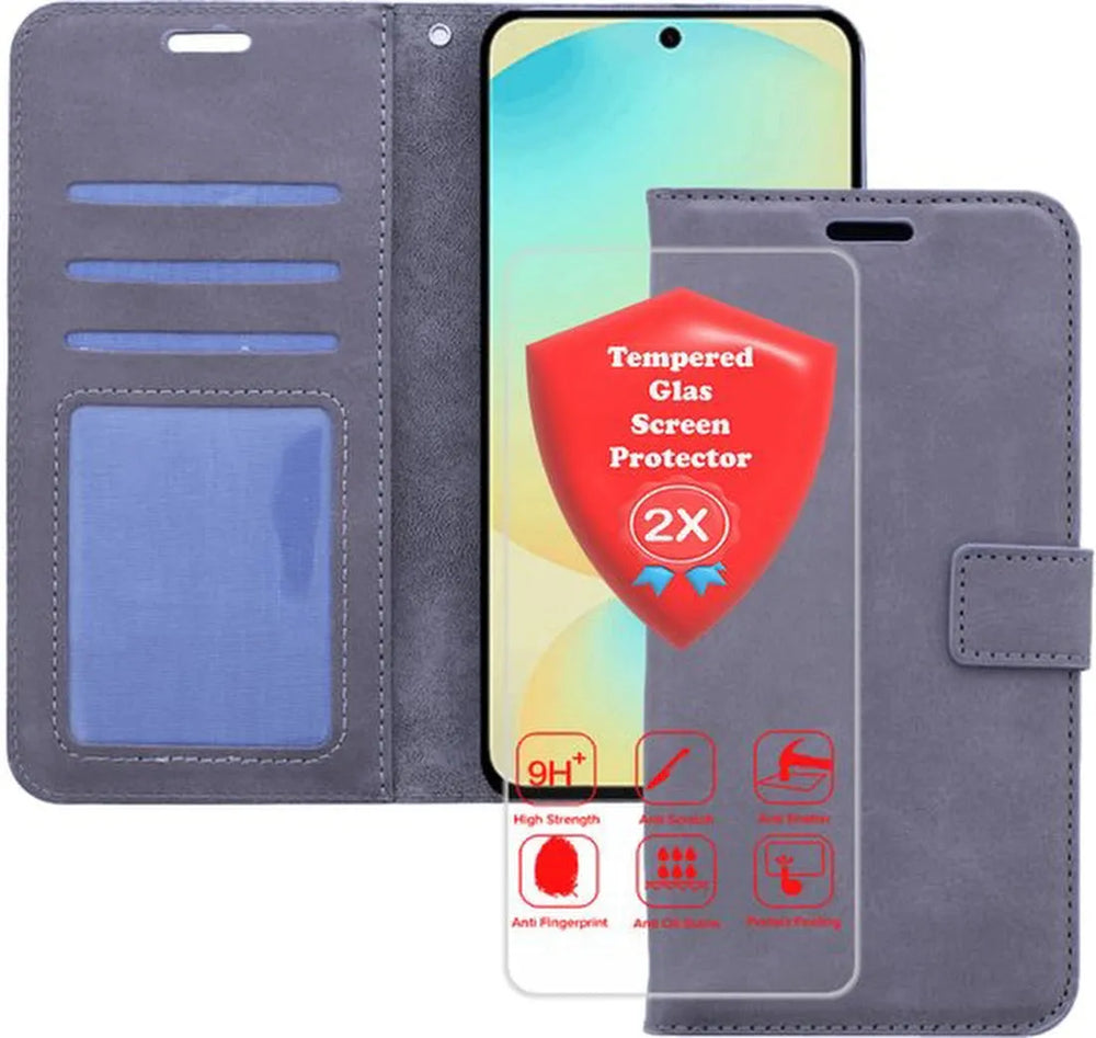 Samsung Galaxy A17 5G Hoesjes – Bookcase Portemonnee – Pasjeshouder – 2x Gehard Glas Screenprotector – Grijs-Ilumina Benelux