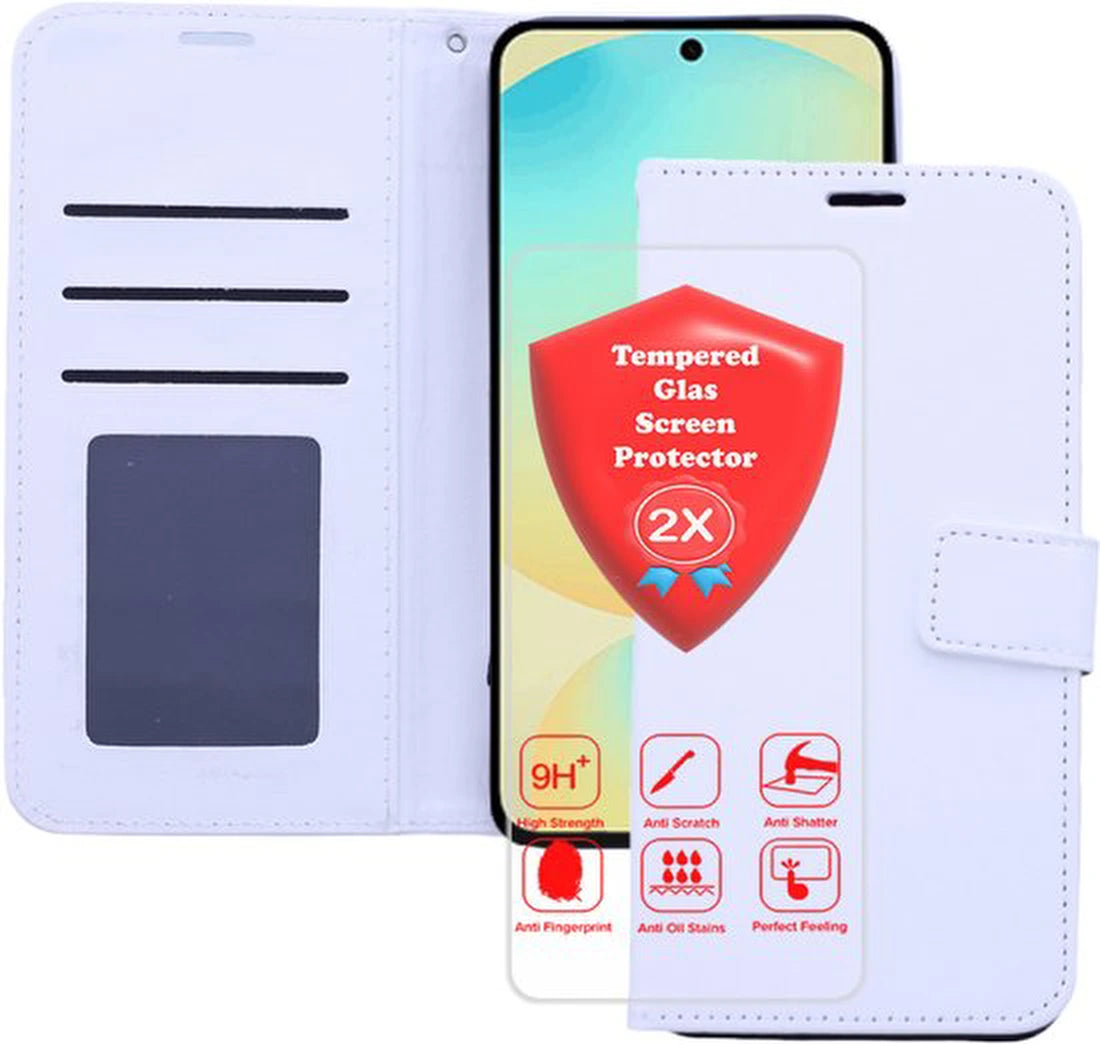 Samsung Galaxy S25 Hoesjes – Portemonnee Bookcase – Magneetsluiting – 2 Pasjes – 2x Gehard Glas Screenprotector – Wit