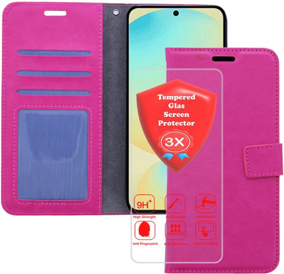 Samsung Galaxy S25 Hoesjes – Portemonnee Bookcase – Pasjeshouder – 3x Gehard Glas Screenprotector – Roze