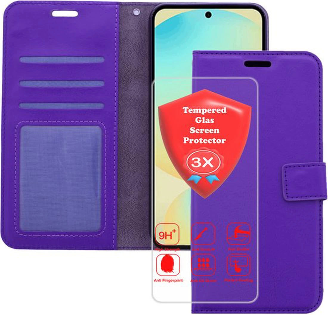 Samsung Galaxy A17 5G Hoesjes – Portemonnee Bookcase – Magneetsluiting – 3x Gehard Glas Screenprotector – Paars