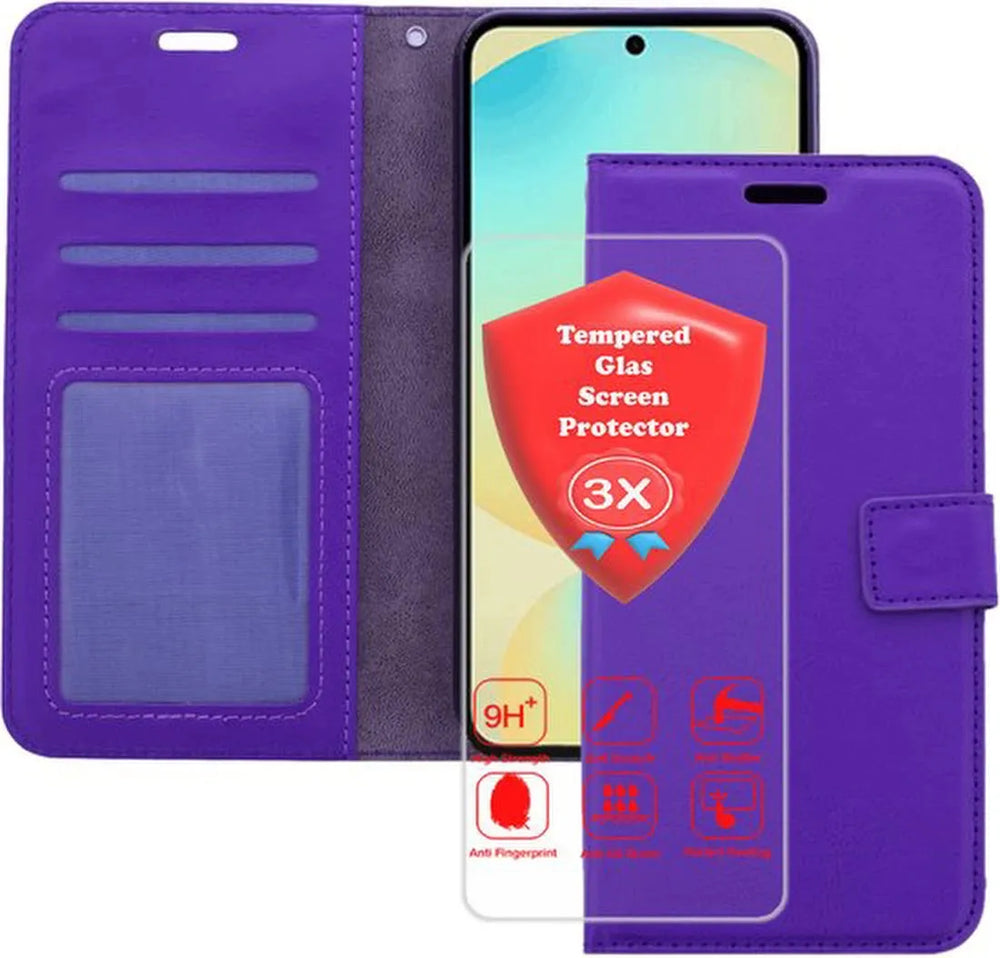 Samsung Galaxy A17 5G Hoesjes – Portemonnee Bookcase – Magneetsluiting – 3x Gehard Glas Screenprotector – Paars-Ilumina Benelux