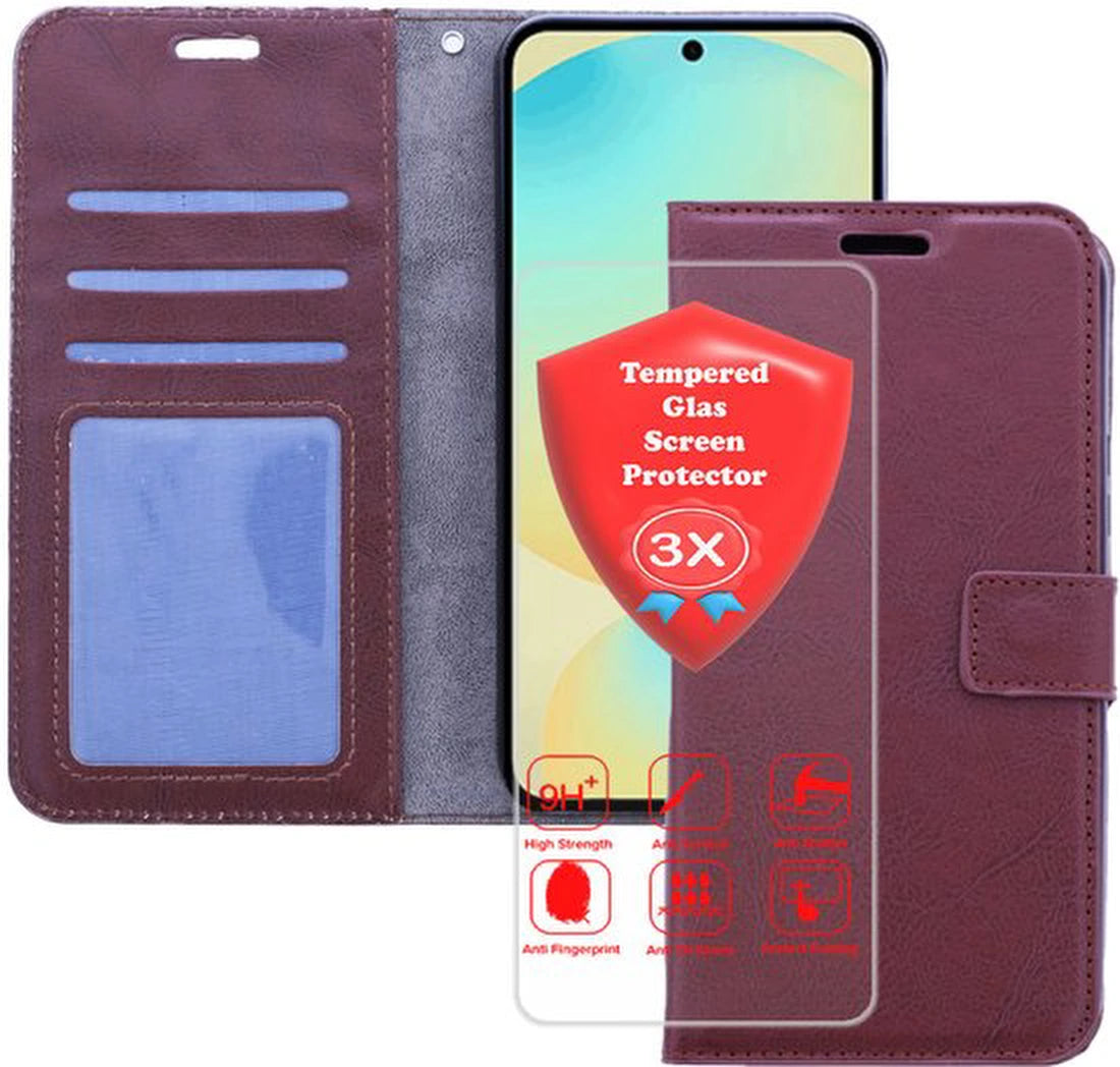 Samsung Galaxy S25 Hoesjes – Portemonnee Bookcase – Pasjeshouder – 3x Gehard Glas Screenprotector – Bruin