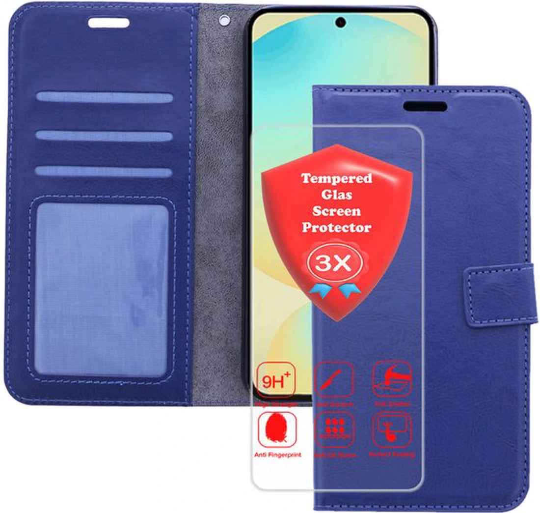 Samsung Galaxy A17 5G Hoesjes – Bookcase Portemonnee – Magneetsluiting – 3x Gehard Glas Screenprotector – Blauw
