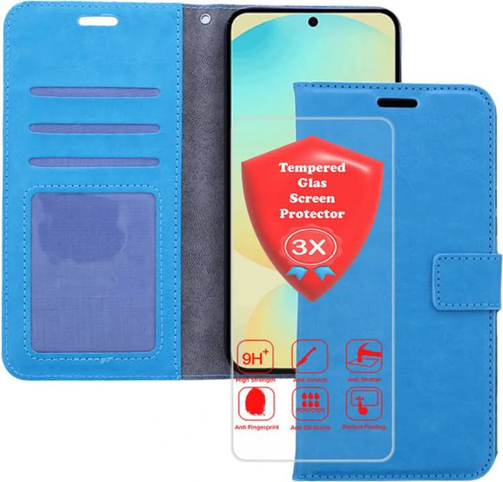 Samsung Galaxy A17 5G Hoesjes – Portemonnee Bookcase – Magneetsluiting – 3x Gehard Glas Screenprotector – Turquoise-Ilumina Benelux