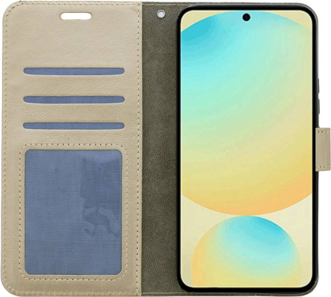 Samsung Galaxy S25 Hoesjes – Portemonnee Bookcase – Magneetsluiting – 3 Pasjes – Goud + 3x Gehard Glas Screenprotector