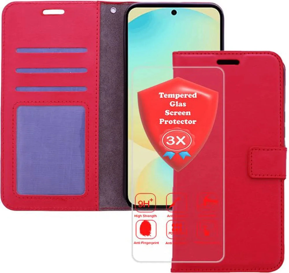 Samsung Galaxy A17 5G Hoesjes – Portemonnee Bookcase – Magneetsluiting – 3x Gehard Glas Screenprotector – Rood-Ilumina Benelux