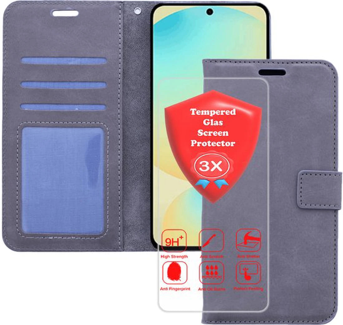 Samsung Galaxy S25 Hoesjes – Portemonnee Bookcase – Magneetsluiting – 3 Pasjes – Inclusief 3x Gehard Glas Screenprotector – Grijs