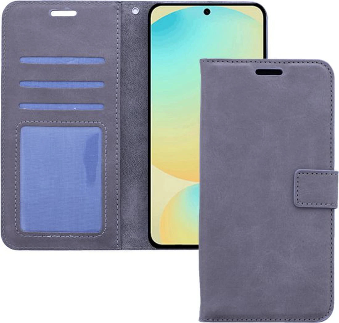 Samsung Galaxy S25 Hoesjes – Portemonnee Bookcase – Magneetsluiting – 3 Pasjes – Inclusief 3x Gehard Glas Screenprotector – Grijs