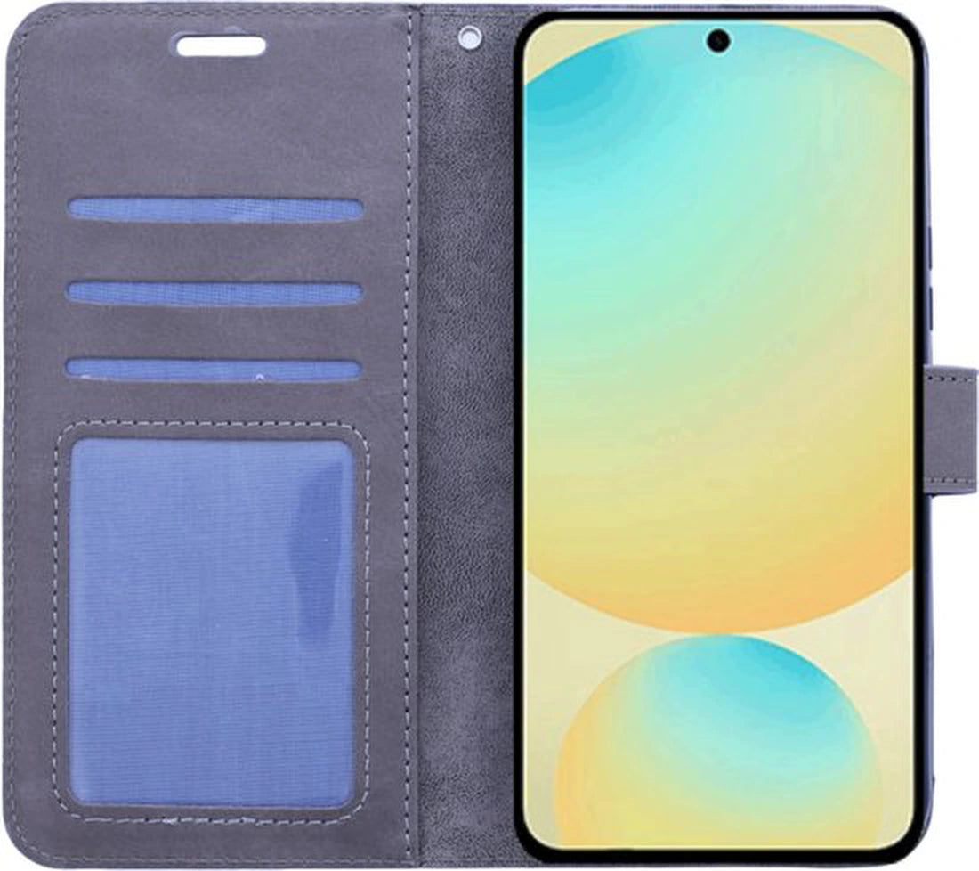 Samsung Galaxy S25 Hoesjes – Portemonnee Bookcase – Magneetsluiting – 3 Pasjes – Inclusief 3x Gehard Glas Screenprotector – Grijs