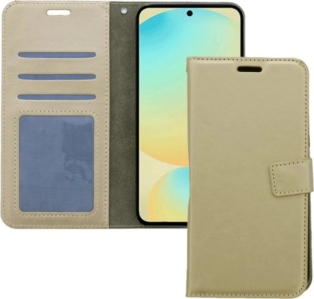 Samsung Galaxy A17 5G Hoesjes – Portemonnee Bookcase – Magneetsluiting – 3x Gehard Glas Screenprotector – Goud-Ilumina Benelux