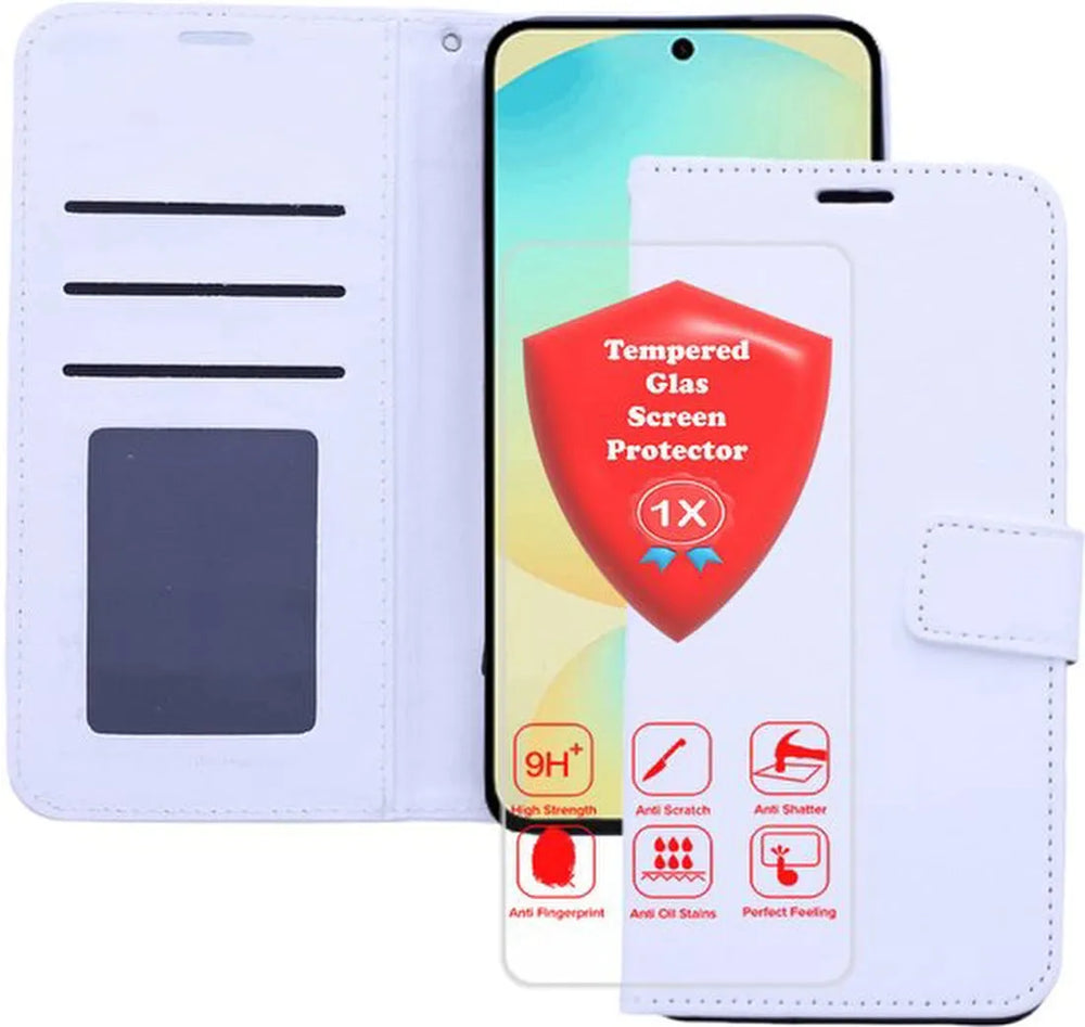 Samsung Galaxy A17 5G Hoesjes – Portemonnee Bookcase – Magneetsluiting – 1x Gehard Glas Screenprotector – Wit-Ilumina Benelux