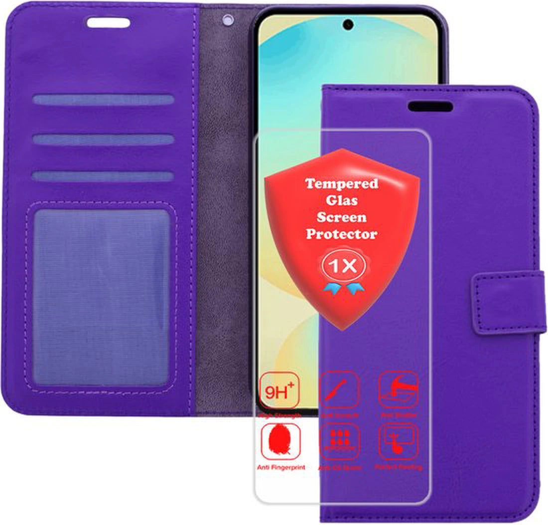 Samsung Galaxy S25 Hoesjes – Portemonnee Bookcase – Magneetsluiting – 1x Gehard Glas Screenprotector – Paars