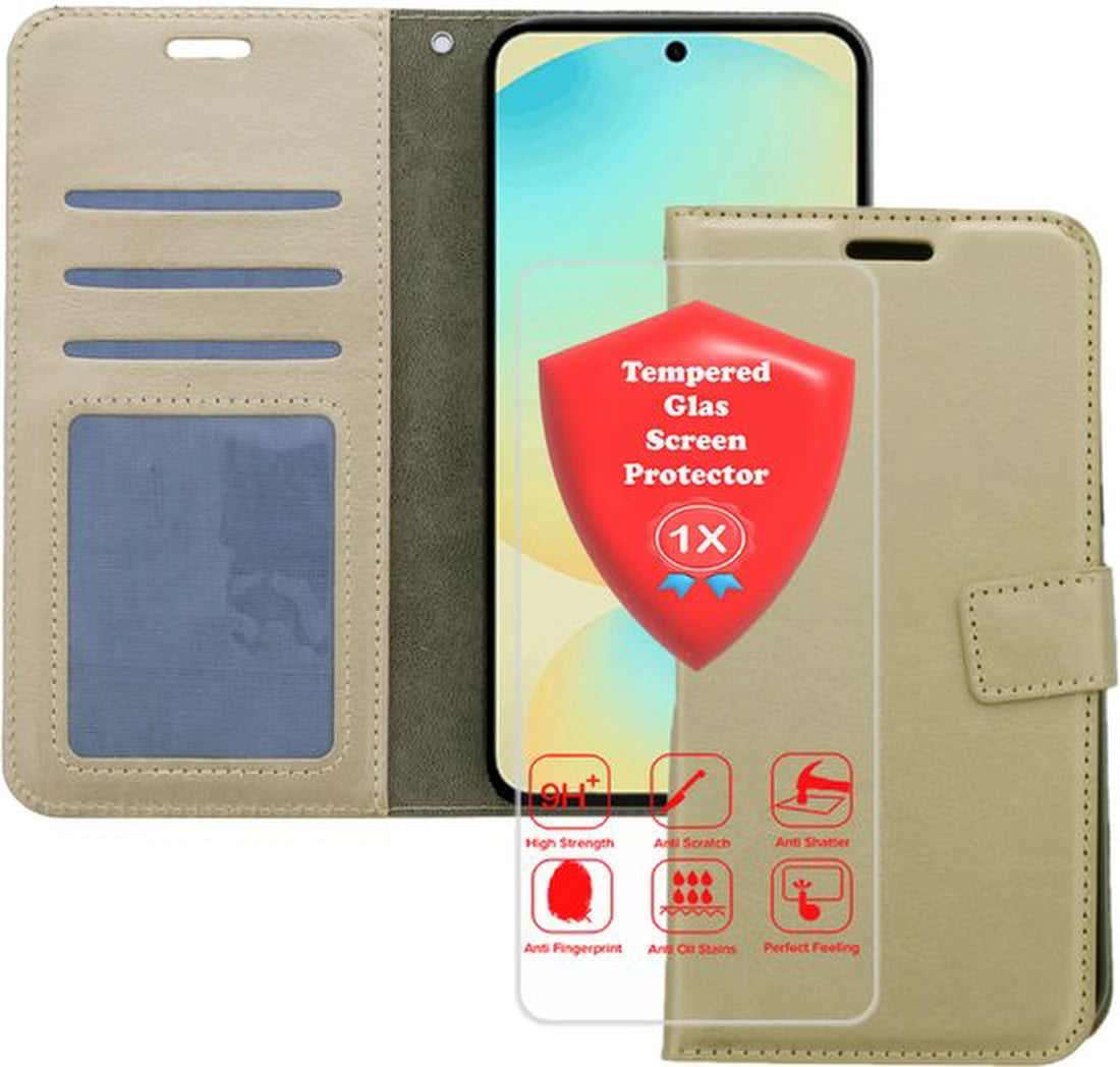 Samsung Galaxy A17 5G Hoesjes – Portemonnee Bookcase – Magneetsluiting – 1x Gehard Glas Screenprotector – Goud