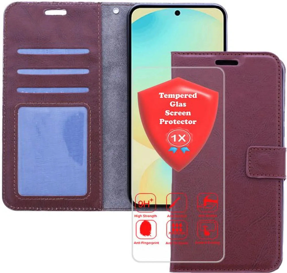 Samsung Galaxy A17 5G Hoesjes – Portemonnee Bookcase – Magneetsluiting – 1x Gehard Glas Screenprotector – Bruin-Ilumina Benelux