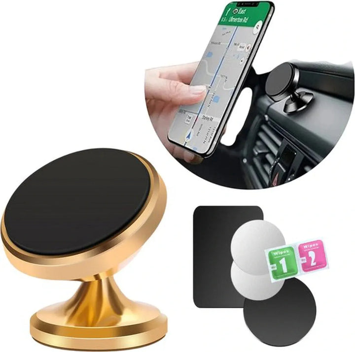 Telefoonhouder auto – Magnetisch verstelbaar – 360° draaibaar – Incl. 4 metalen plaatjes – Goud-Ilumina Benelux