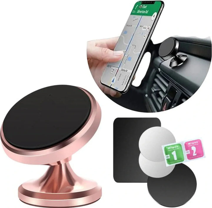 Telefoonhouder auto – Magnetisch verstelbaar – 360° draaibaar – Incl. 4 metalen plaatjes – Dashboard – Roze-Ilumina Benelux