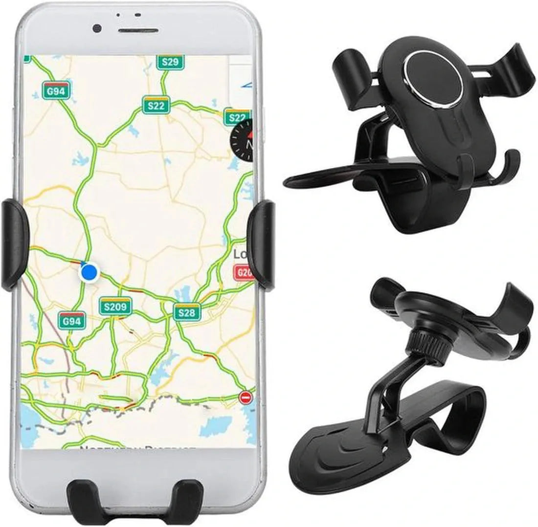 Telefoon met navigatie naast losse zwarte dashboardhouder