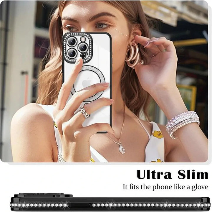 iPhone 17 Hoesjes – MagSafe Glitter Backcover – Diamantjes – Glamour – Zwart-Ilumina Benelux