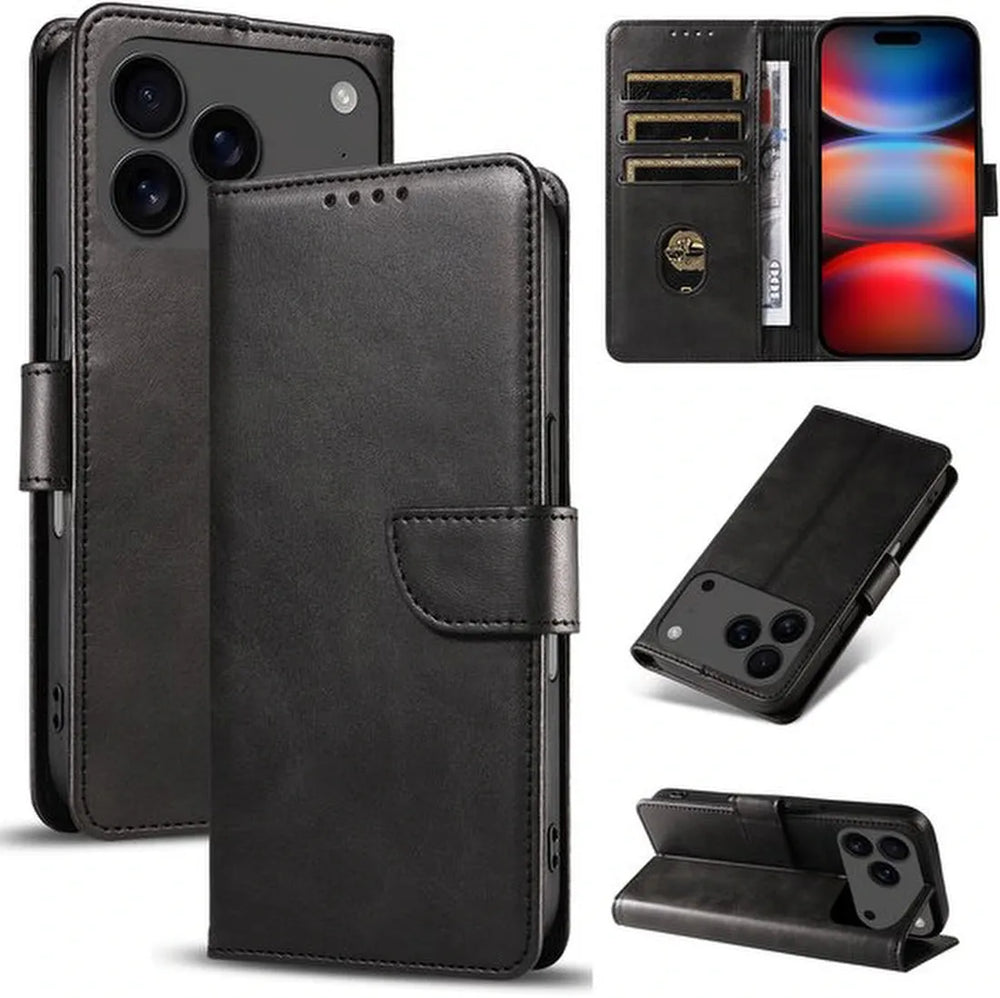 iPhone 17 Pro Max Hoesjes – Luxe PU Kalfsleer Wallet – Pasjeshouder – Magneetsluiting – Zwart-Ilumina Benelux