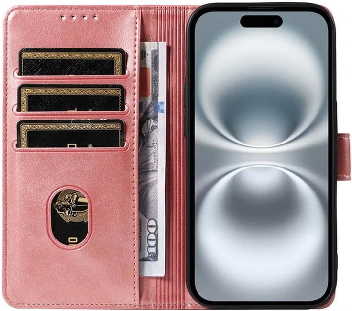 iPhone 16 Hoesjes – Luxe PU Kalfsleer Wallet – Portemonnee Hoes – Magneetsluiting – Roségoud-Ilumina Benelux