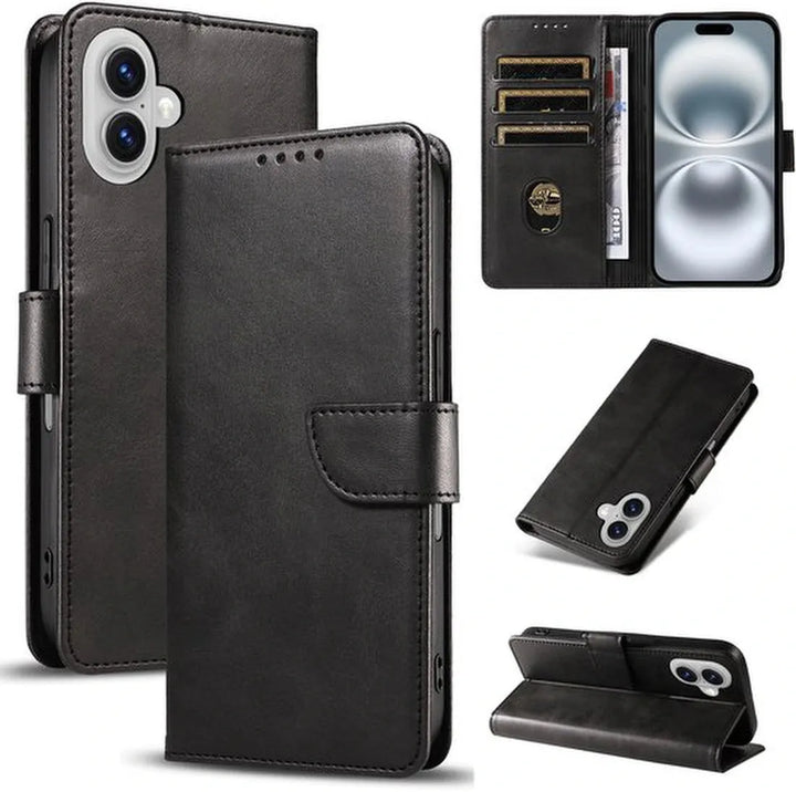 iPhone 16 Plus Hoesjes – Luxe PU Kalfsleer Wallet – Magneetsluiting – Pasjeshouder – Zwart-Ilumina Benelux