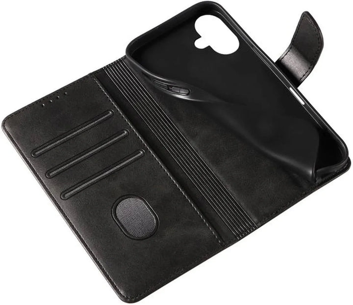 iPhone 16 Plus Hoesjes – Luxe PU Kalfsleer Wallet – Magneetsluiting – Pasjeshouder – Zwart-Ilumina Benelux