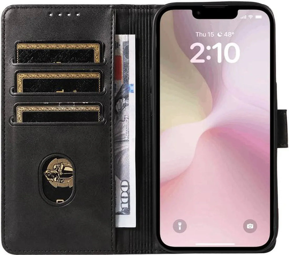 iPhone 16E Hoesjes – Luxe PU Kalfsleer Wallet – Portemonnee Hoes – Pasjeshouder – Zwart-Ilumina Benelux