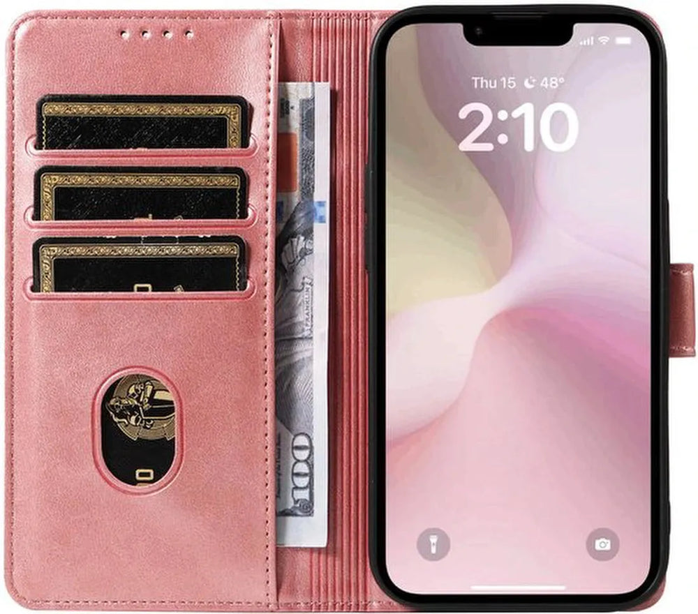 iPhone 16E Hoesjes – Luxe PU Kalfsleer Wallet – Magneetsluiting – Pasjeshouder – Roségoud-Ilumina Benelux