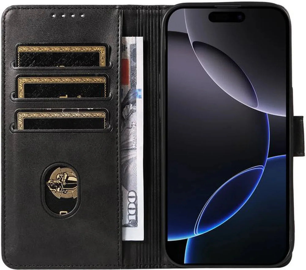 iPhone 15 Plus Hoesjes – Luxe PU Kalfsleer Wallet – Pasjeshouder – Magneetsluiting – Zwart-Ilumina Benelux