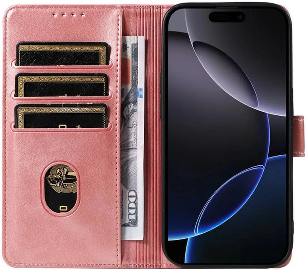 iPhone 15 Plus Hoesjes – Luxe PU Kalfsleer Wallet – Portemonnee Hoes – Pasjeshouder – Roségoud-Ilumina Benelux