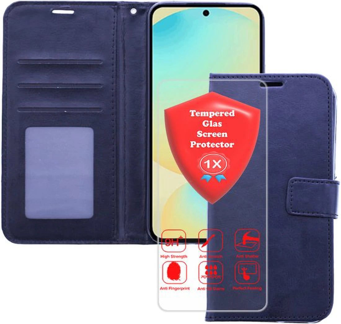 Bookcase Geschikt voor: Samsung Galaxy A07 Zwart - Portemonnee hoesje met 1x Glas Screen protector - Book Cover