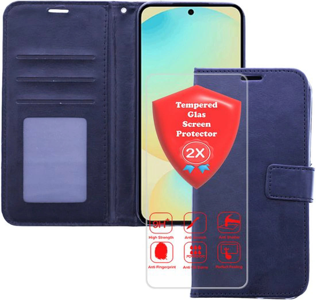 Bookcase Geschikt voor: Samsung Galaxy A07 Zwart - Portemonnee hoesje met 2x Glas Screen protector - Book Cover