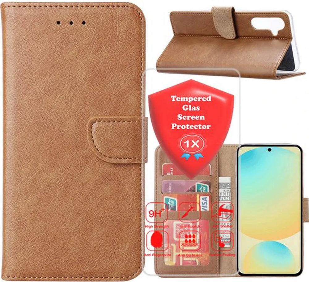 Samsung Galaxy A07 Hoesjes – Bookcase Portemonnee Cover – Magneetsluiting – 1x Gehard Glas Screenprotector – Lichtbruin-Ilumina Benelux